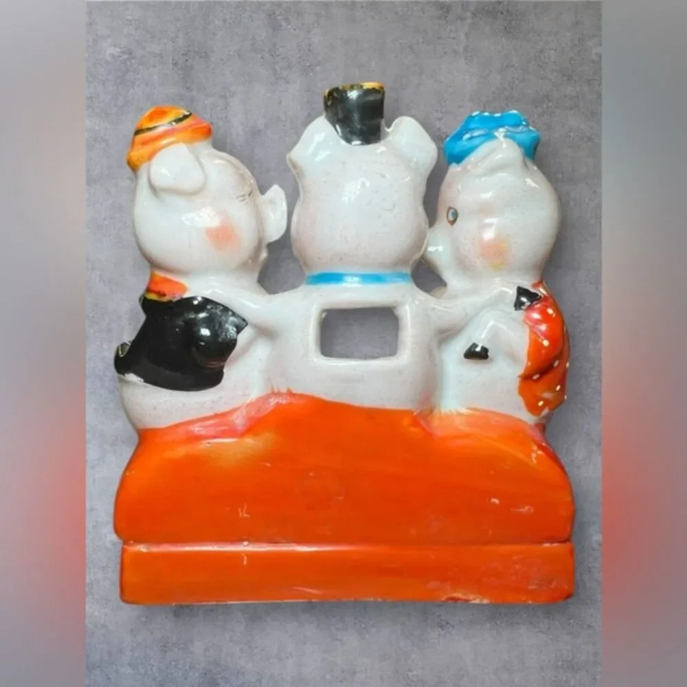 Vintage Gold Castle Japan Bisque Three Little Pigs Toothbrush Holder Figurine